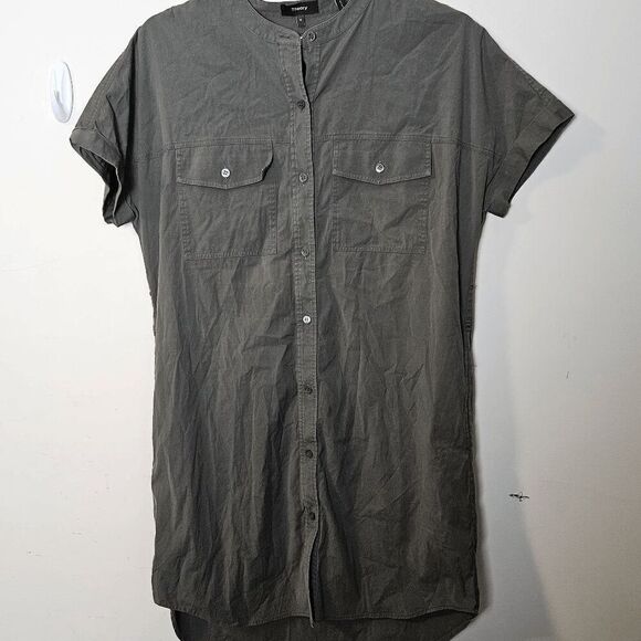 Theory Button Short Sleeve Shirt Stretch Dress with Chest Pockets Womens Army Gr - Picture 1 of 3